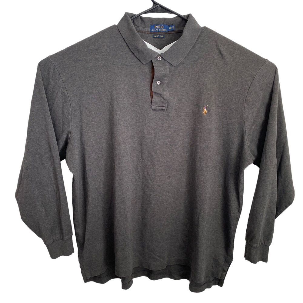 Ralph Lauren Long Sleeve Polo‎ Shirt Men's Size 2XLT Tall Gray Pima Soft FLAWS